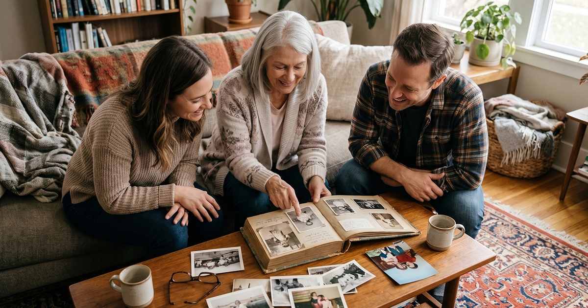 Family looking through old photos together for Mother-in-Law Day