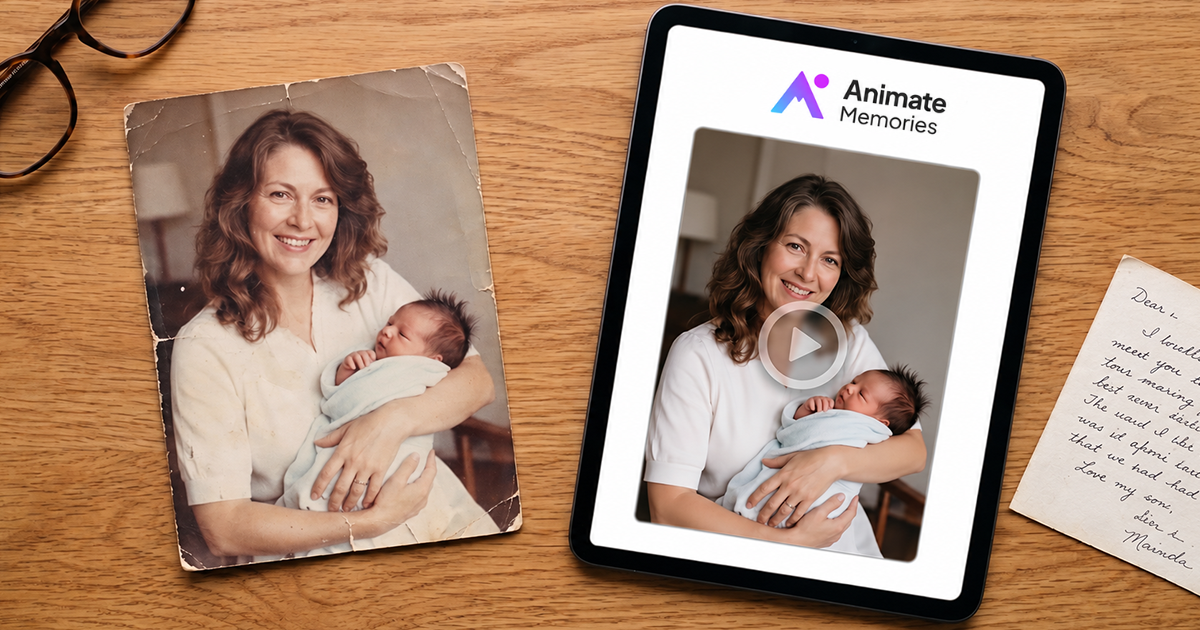 Old family portrait shown next to its AI animated version on a tablet