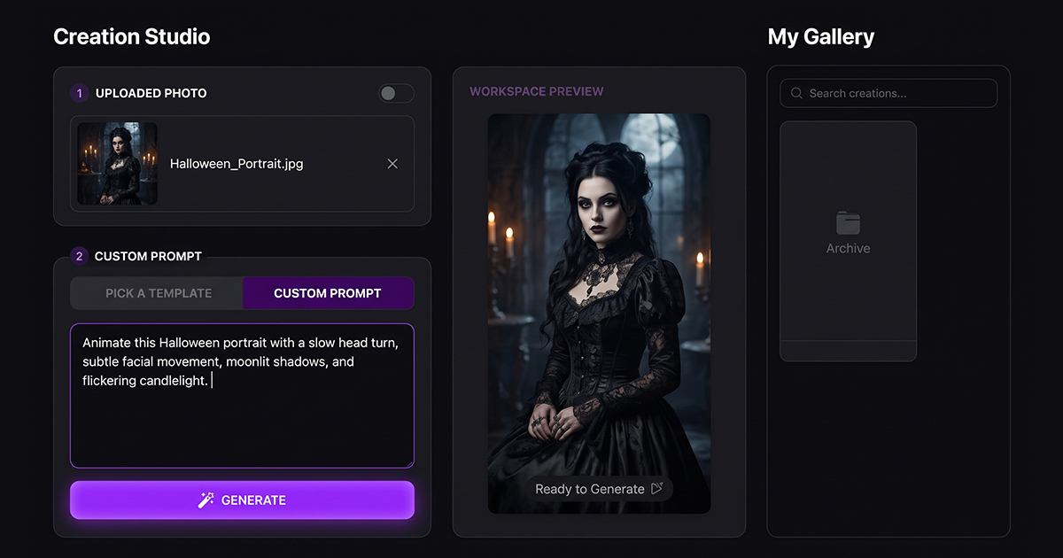 Animate Memories Studio with a Halloween portrait and a spooky animation prompt