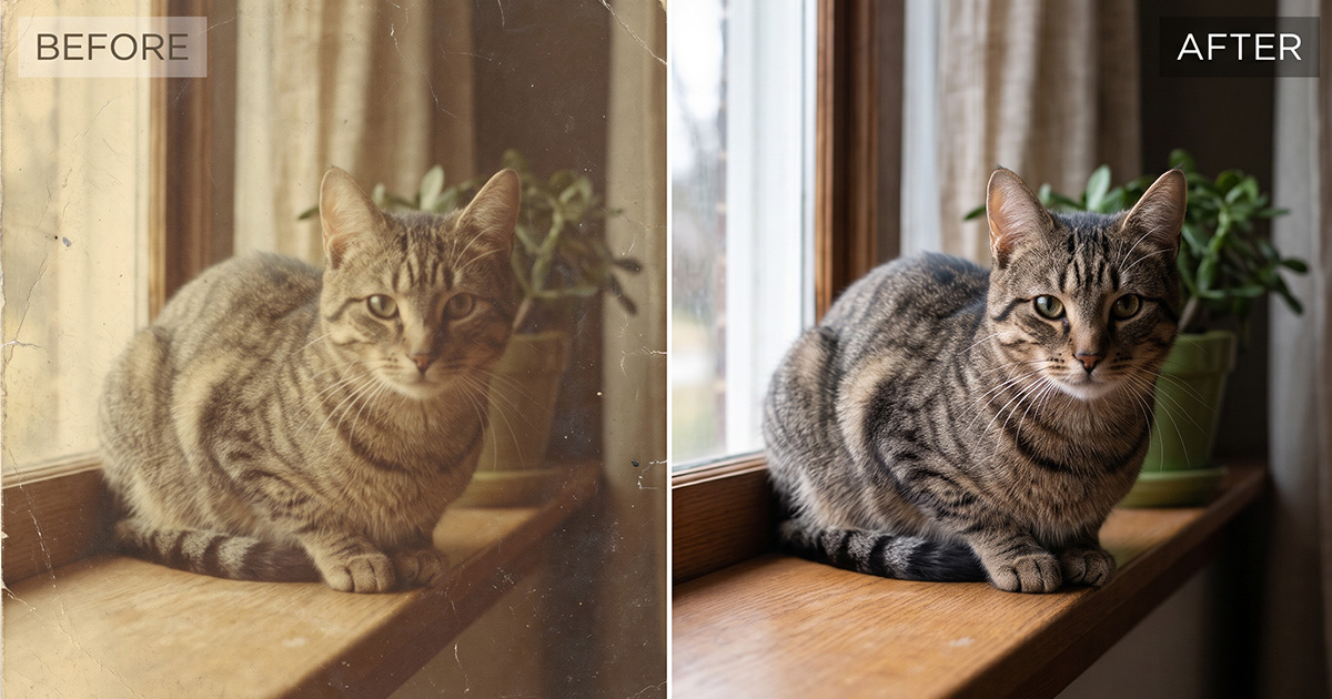 Faded old cat photo before and after AI restoration