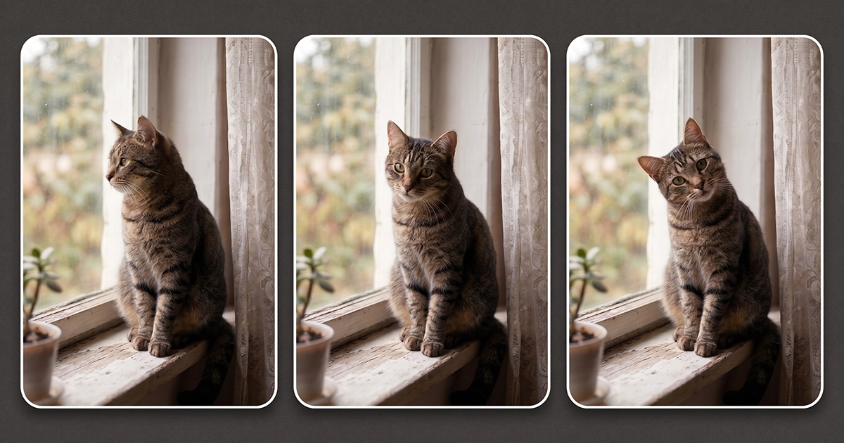 Three frames of an old cat photo animated with AI, showing a gentle head tilt
